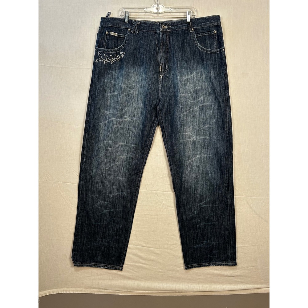 LRG Bird Call Mens Baggy Denim Jeans Dark Wash Blue Embroidered  Size 44